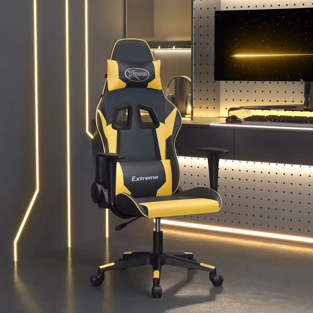 Sedia da Gaming Professionale con Poggiatesta e Braccioli in Similpelle Nero e Oro – 2
