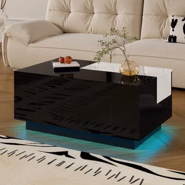 Tavolino da salotto Zephmum con piano estraibile e LED a 16 colori, bianco e nero