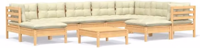 Set di mobili da giardino in legno di pino massiccio da 10 pezzi con cuscini beige in stile rustico a forma di L