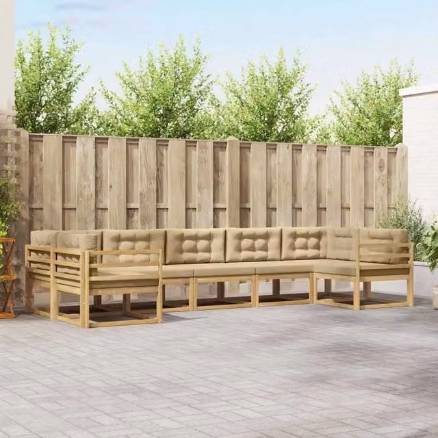 Set di divani da esterno a L vidaXL in legno di acacia con cuscini, Bianco e Beige