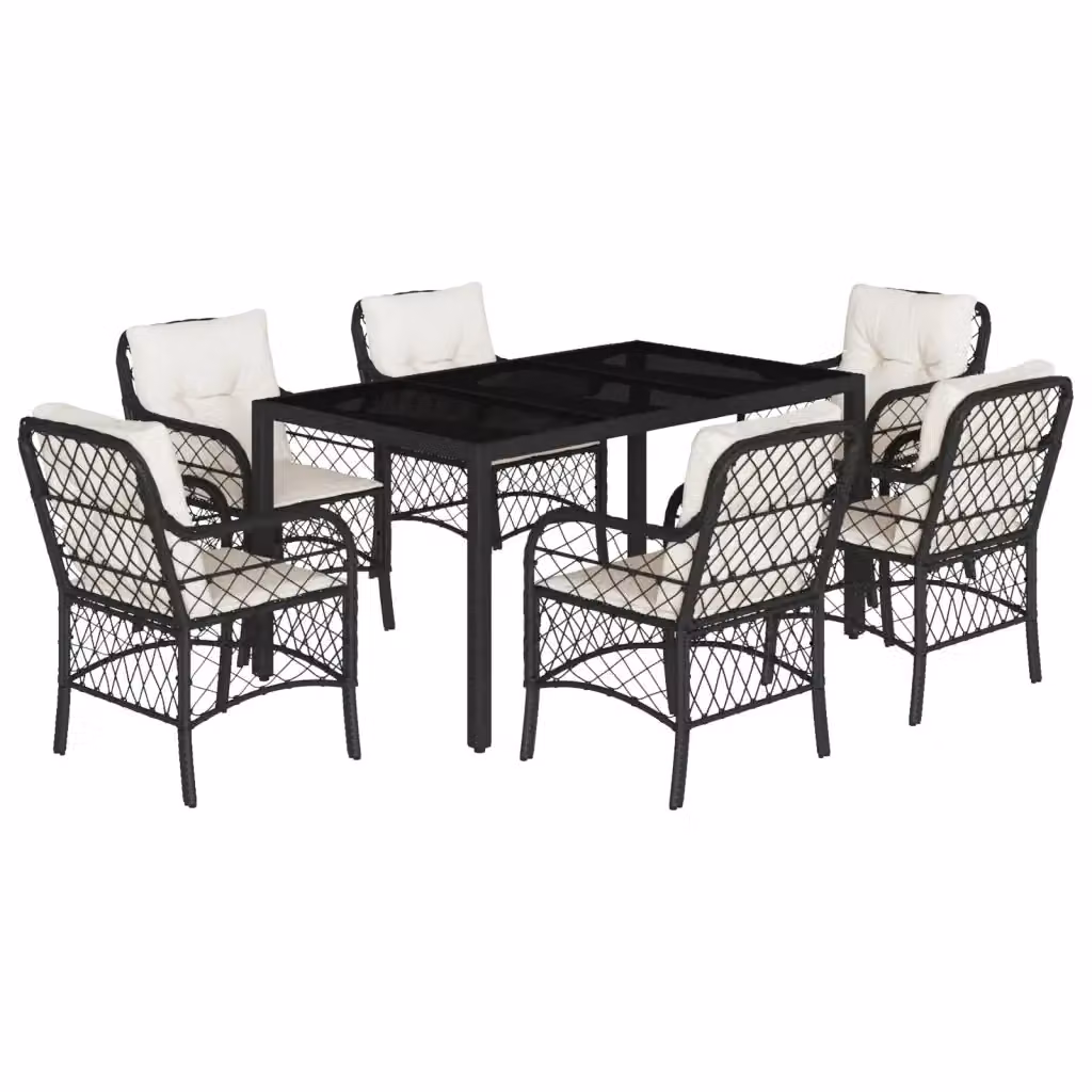 Set da Pranzo da Giardino vidaXL 7 pz in Polyrattan Nero con Piano in Vetro e Cuscini – 2