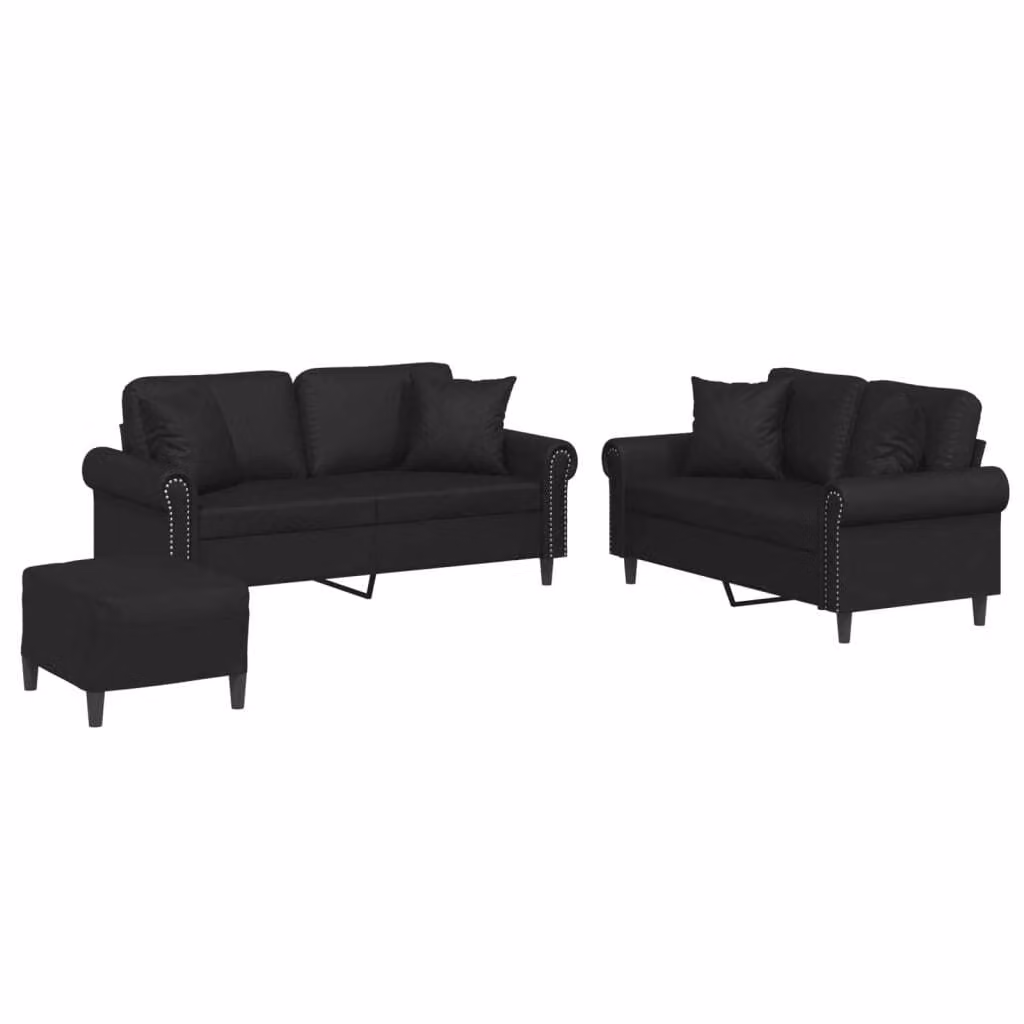 Set di Divani 3 pz con Cuscini Nero in Pelle finta