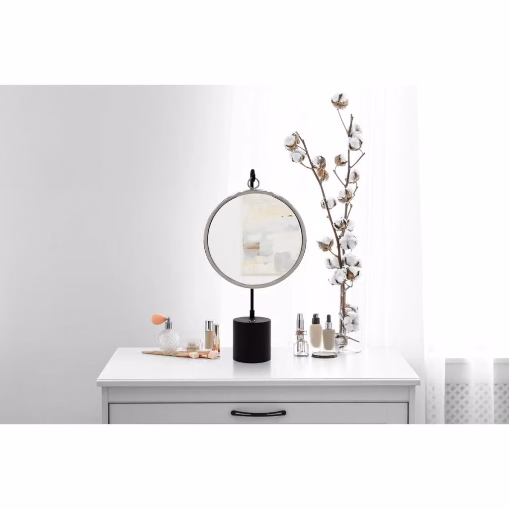 Specchio da tavolo rotondo moderno Kendra Home in metallo e vetro nero e argento – 2