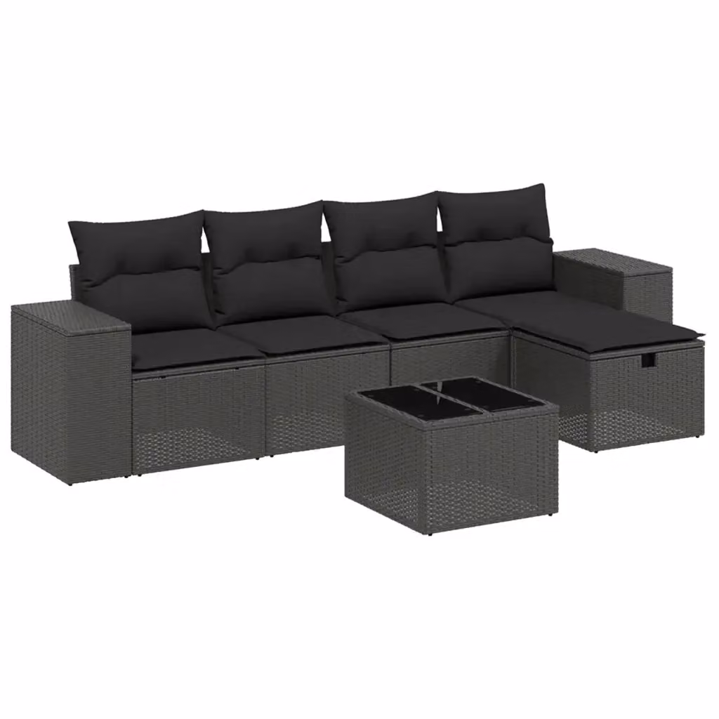 Set Divano da Giardino a L vidaXL 6 pz Nero con Cuscini Imbottiti e Tavolino in Metallo e Vetro – 2