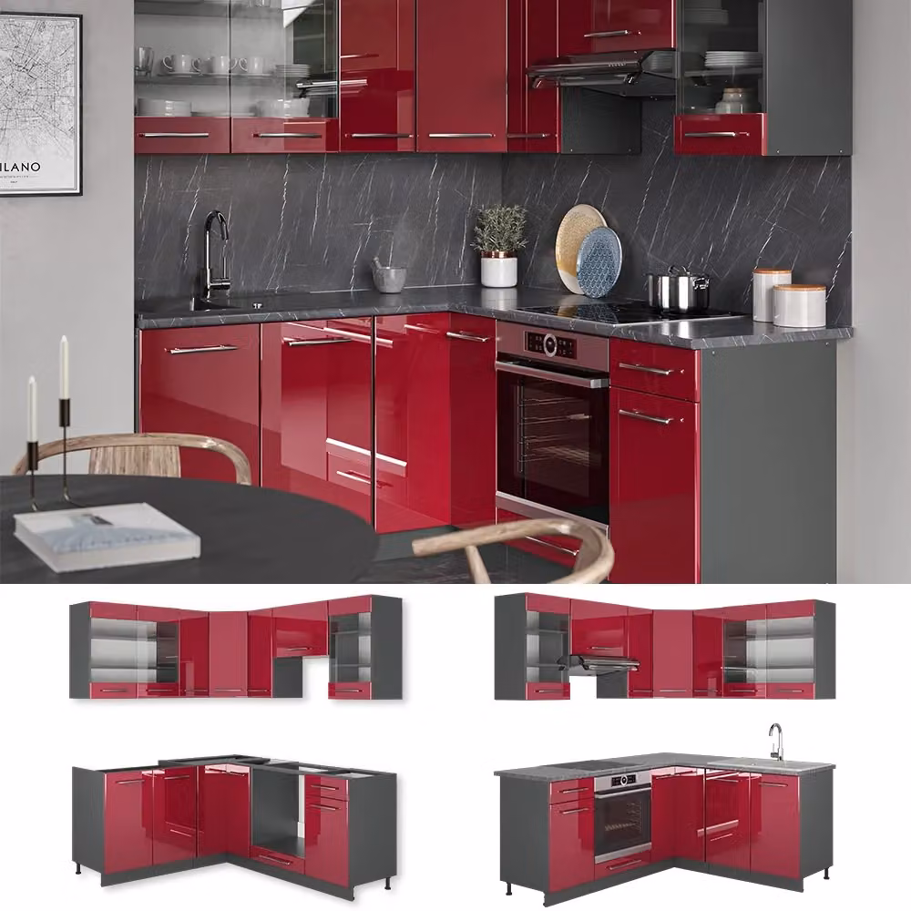 Cucina angolare moderna Vicco Fame-Line bordeaux lucido e antracite con ante soft-close e piano in marmo L/P/H: 190 x 160 cm – 2