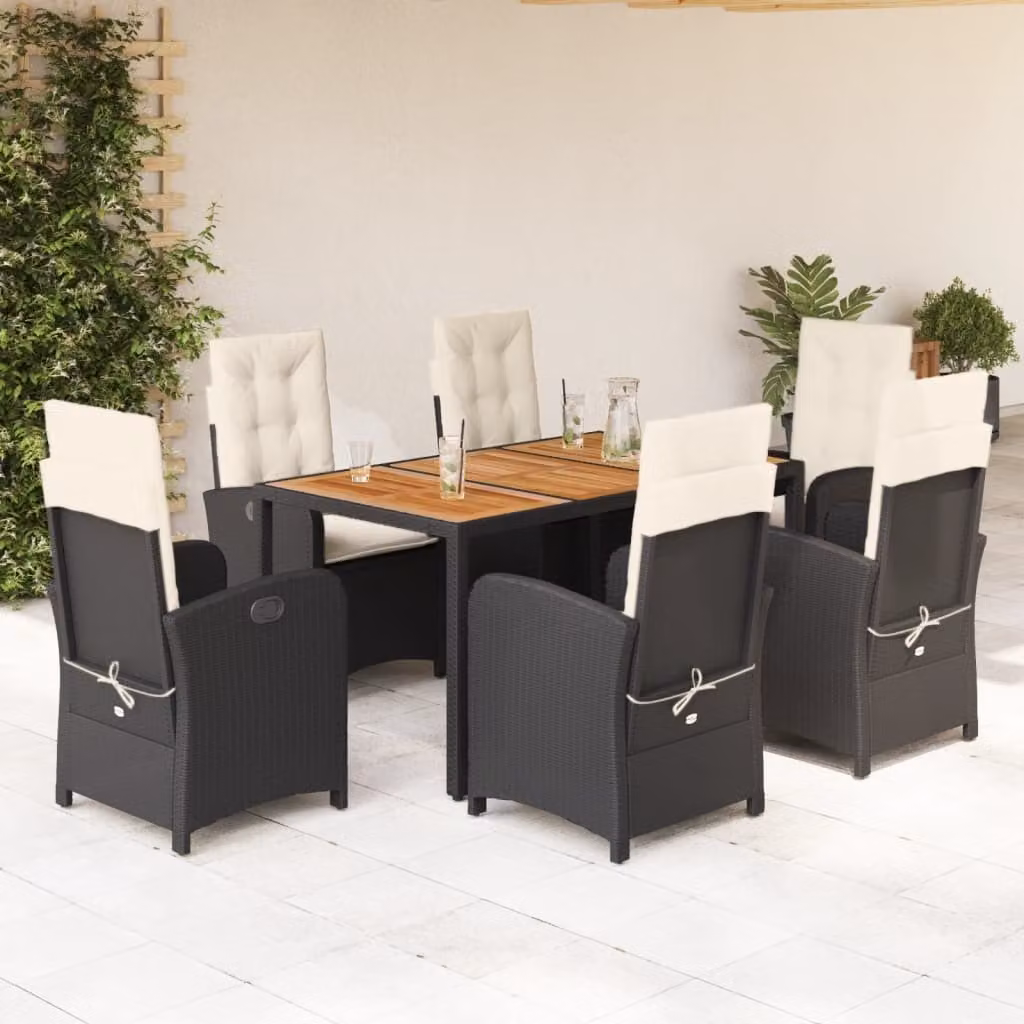 The Living Store Set da pranzo da giardino 7 pezzi con cuscini in polirattan nero