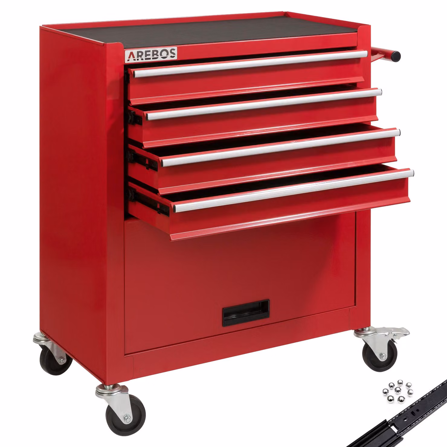 Carrello da officina AREBOS rosso | 4 scomparti + scomparto grande | tappetini antiscivolo e 2 ruote