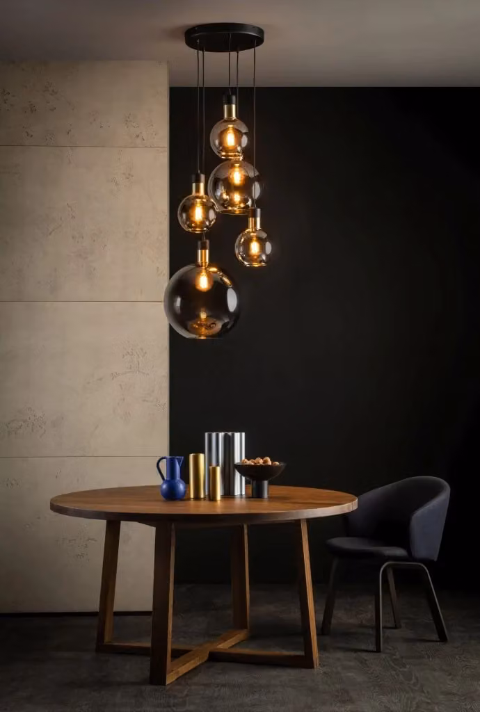Lampadario a sospensione Lucide Julius in metallo e vetro, nero e oro, con 5 lampadine E27, regolabile in altezza e dimmabile – 2