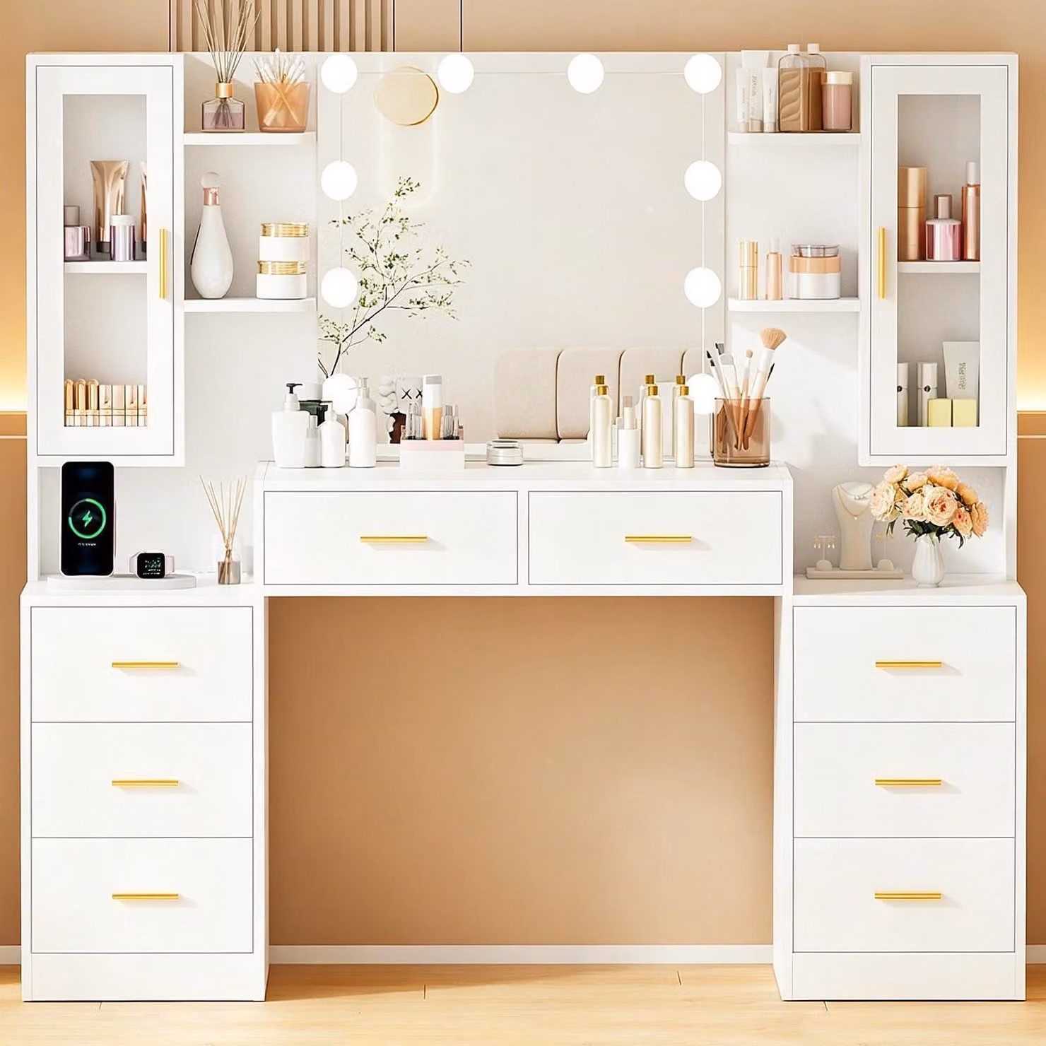 Comò da trucco da 150 cm con illuminazione a LED, specchio, 8 cassetti, 6 ripiani, bianco