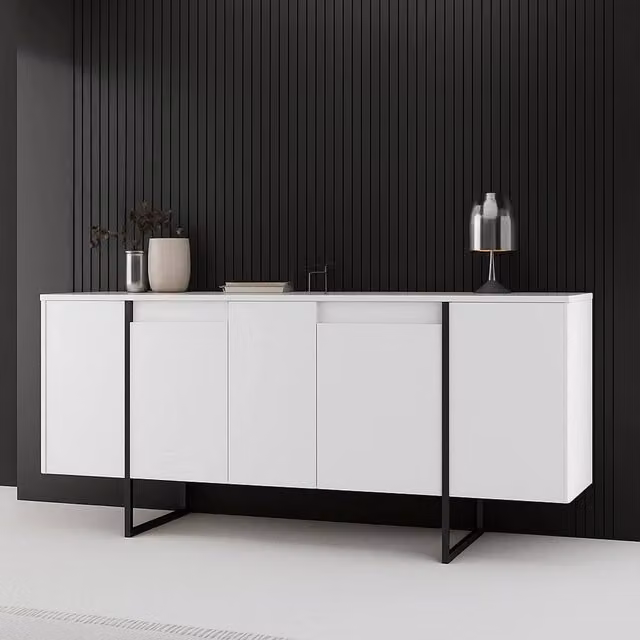 Credenza Arta, Buffet da soggiorno, Madia da salotto, Dispensa da cucina, 160x35h80 cm, Bianco e Nero