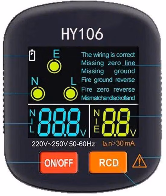 Tester di tensione elettrica con schermo LCD - 220-250V - Verifica fase, neutro e terra - Test differenziale (RCD) - Misuratore di tensione
