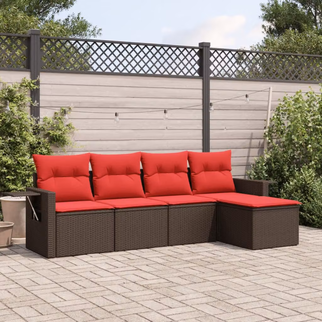 Set di divani da giardino vidaXL in rattan marrone con 5 pezzi e cuscini imbottiti