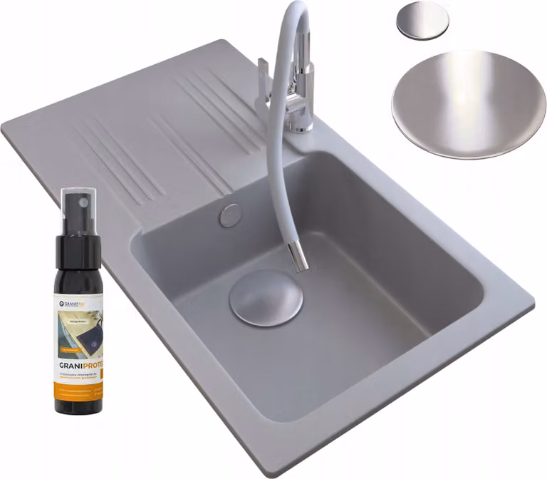 Granitan - Lavello in granito - Lavello da cucina - 78x44 cm - Nero - con rubinetteria FLEX e scolapiatti - ADA