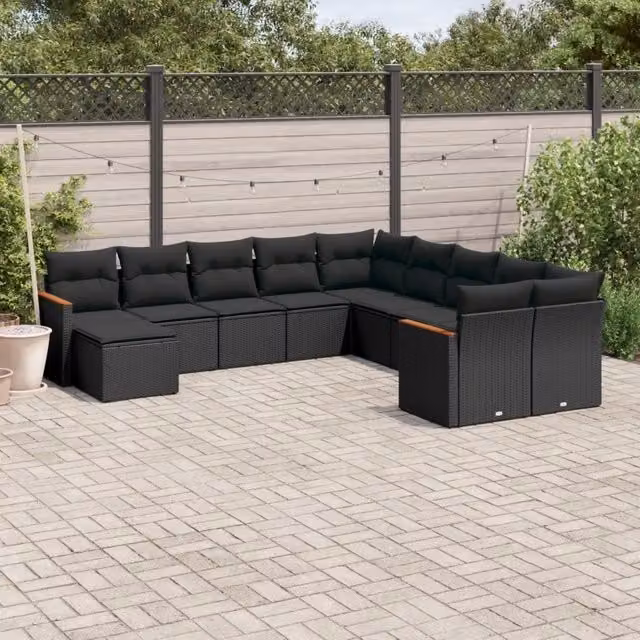 Set di Divani da Giardino vidaXL 11 Pezzi in Polyrattan Nero con Cuscini e Ottoman – 1