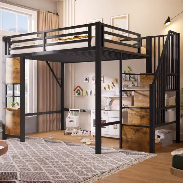Letto a soppalco 140x200 cm per bambini; struttura in metallo e MDF; scala contenitore; nero e bianco