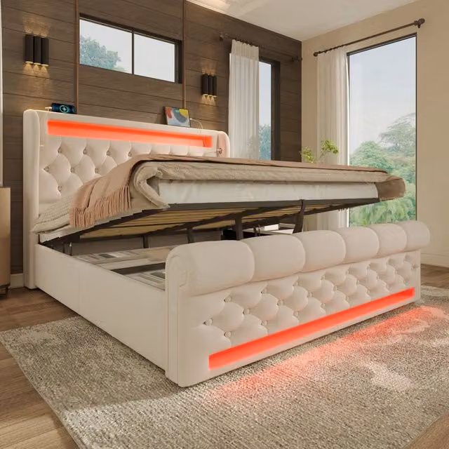 Desviae Letto Contenitore 160 × 200 cm 2 posti con LED, USB e Type-C, materasso incluso, in velluto, beige