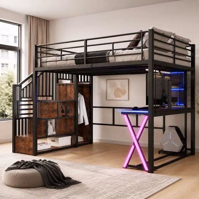 Letto a soppalco 140x200 cm con scrivania; armadio; scala contenitore e LED; nero