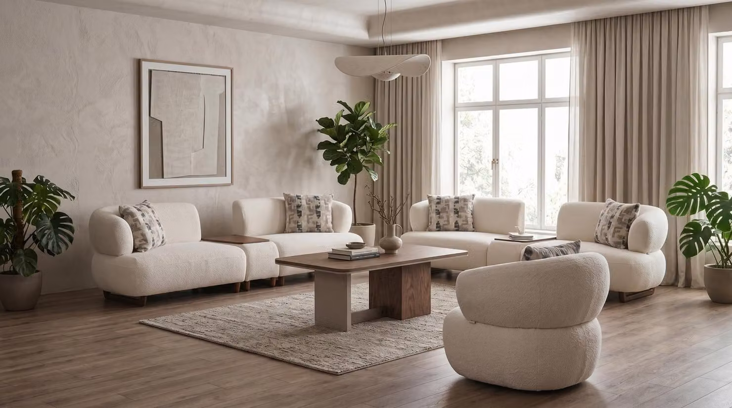 Set di divani 4+4+1 posti, con tavolino, rivestito in tessuto bouclé beige. Set di divani imbottiti