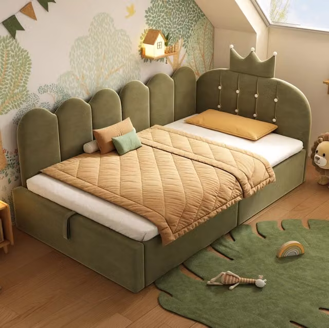 Letto da giorno imbottito in velluto verde con contenitore idraulico e design a L reversibile L/P/H: 199 x 90 x 96 cm