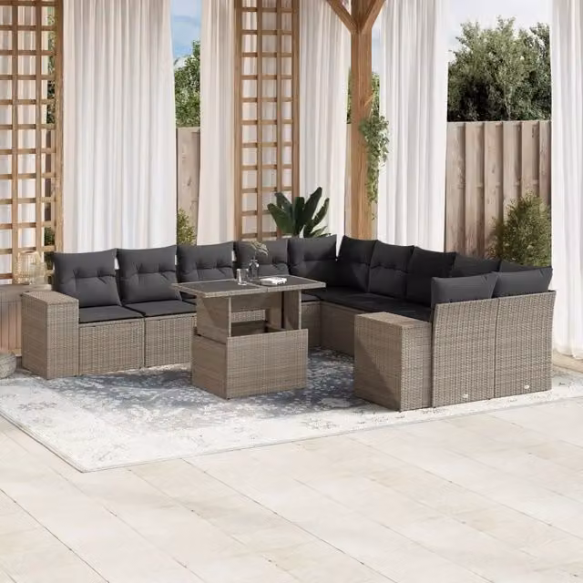 Set di Divani da Giardino vidaXL 11 Pezzi a Forma di U con Cuscini e Tavolino, Polyrattan Grigio Antracite e Struttura in Acciaio
