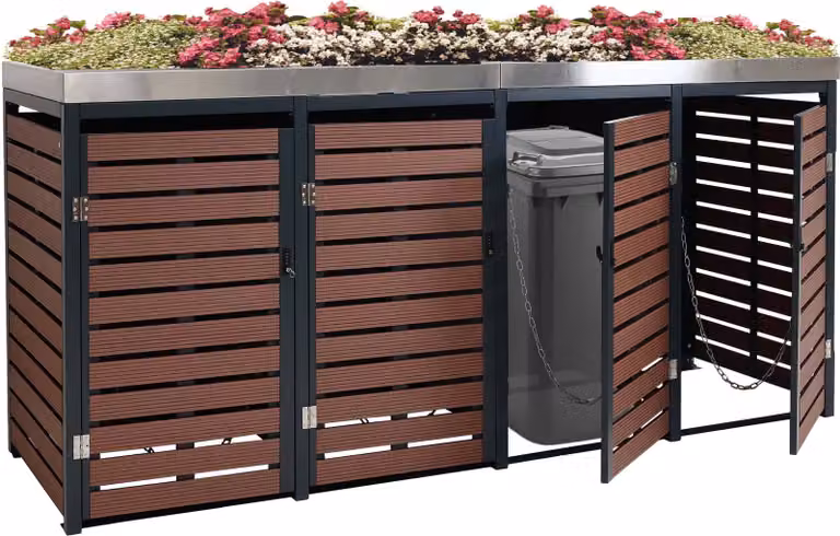 4 contenitori per rifiuti HWC-K14, contenitore per rifiuti con fioriera, 124x265x84cm WPC acciaio inox 132kg ~ aspetto legno di noce