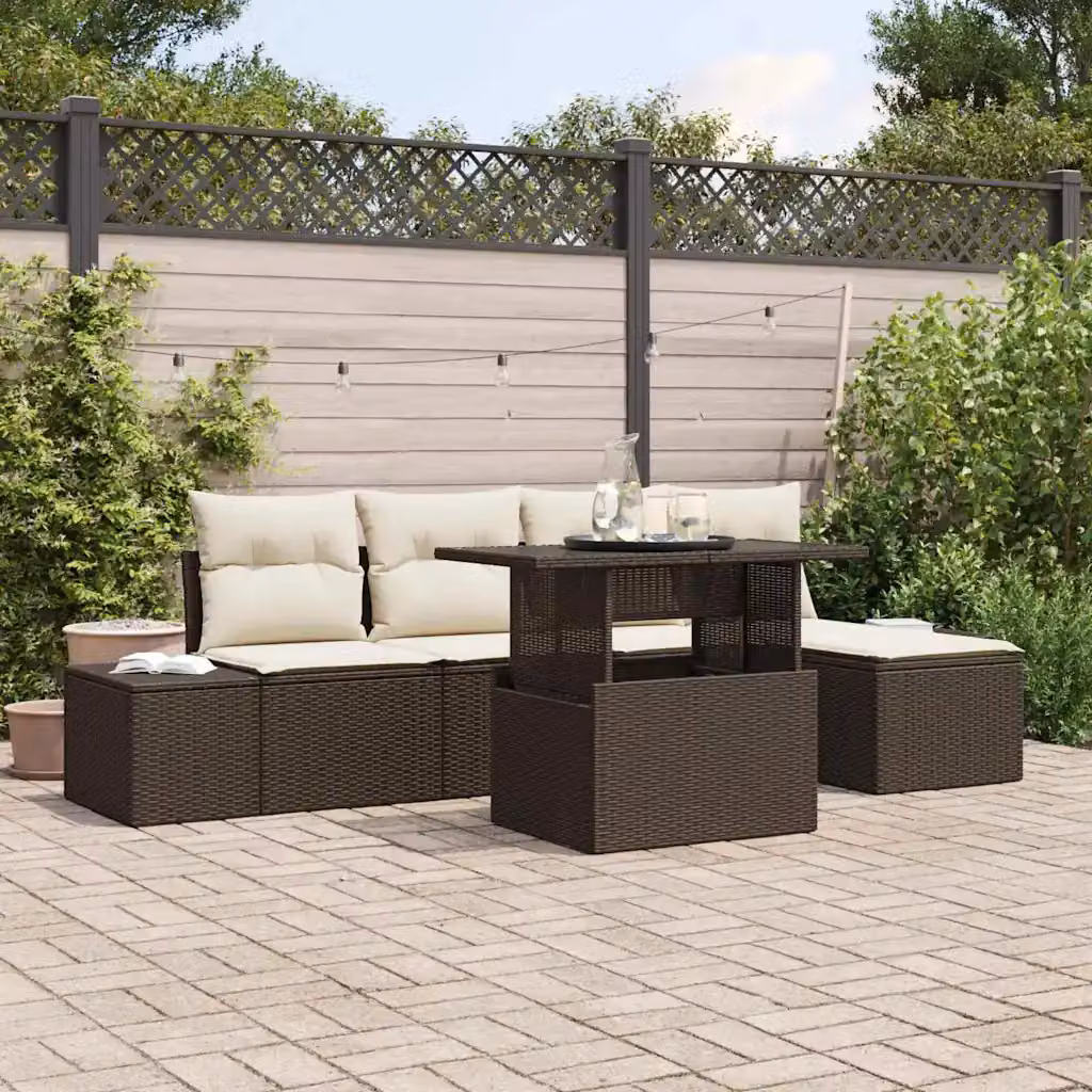 Set Divano da Giardino Moderno vidaXL 6 Pezzi Marrone con Cuscini e Tavolino in Polyrattan e Acciaio – 1