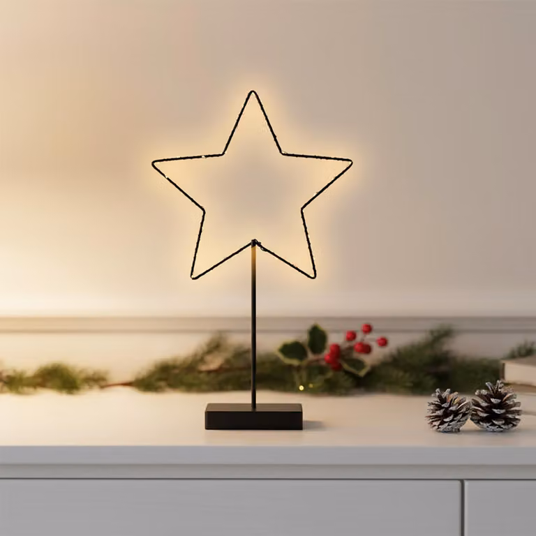 Lampada da tavolo a forma di stella "Leuchtstern" in metallo, nera, alimentata a batteria con timer - 43 x 25 cm - Silhouette di stella con base, illuminata con 30 LED