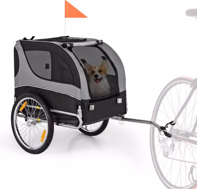 Carrello rimorchio per cani pieghevole per bicicletta, trasportino con telaio in acciaio e 3 ingressi, grigio