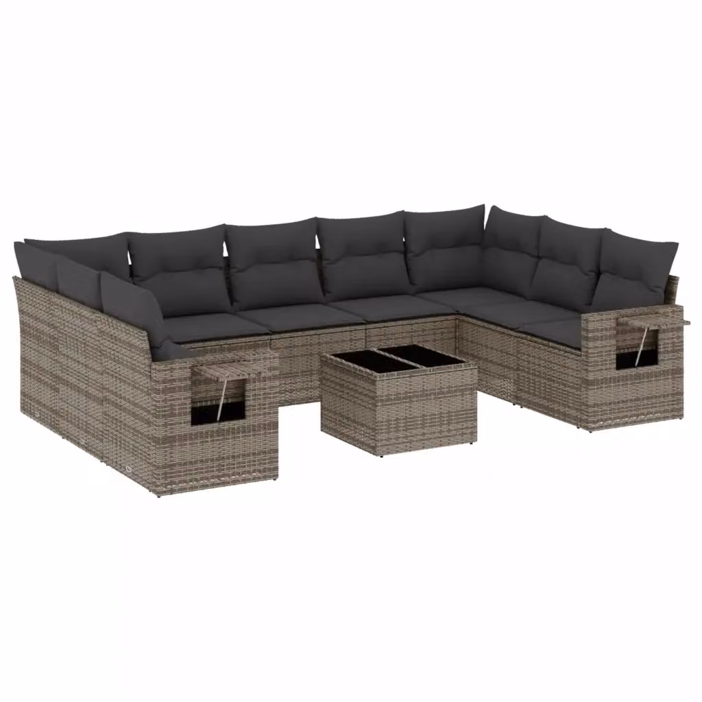 vidaXL Set Divano da Giardino 10 pz a L con Cuscini Grigio in Polyrattan e Tavolino da Esterno – 2