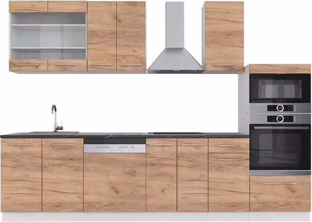 Cucina componibile moderna Vicco Fame-Line Rovere dorato e Bianco con armadio alto e piano Antracite L: 300 cm