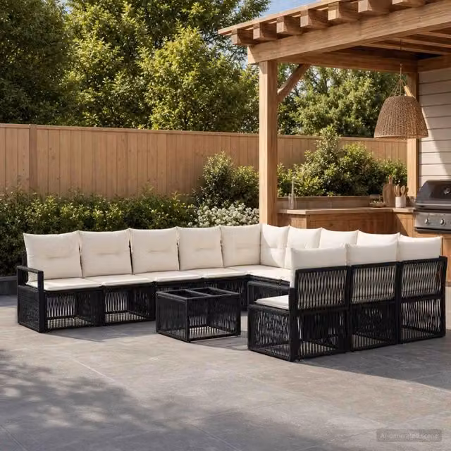Set Divano da Giardino Moderno vidaXL in Polyrattan Nero con Tavolino e Cuscini – 1