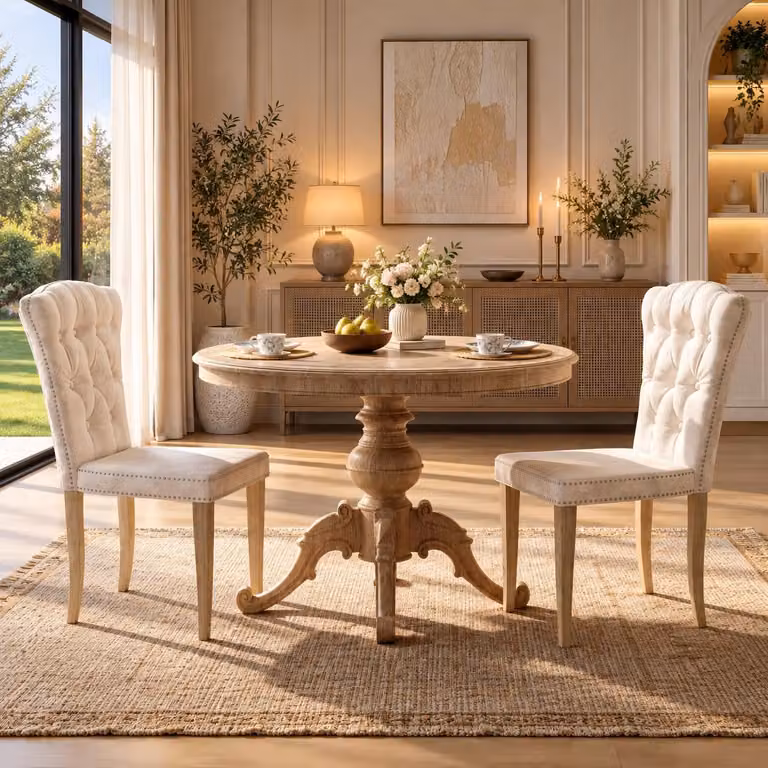 INONEFT Set di 2 sedie da pranzo in velluto, imbottite, con dettagli a forma di testa di chiodo, sedie da cucina con schienale alto e gambe in legno, adatte per soggiorno, cucina e sala da pranzo, colore bianco