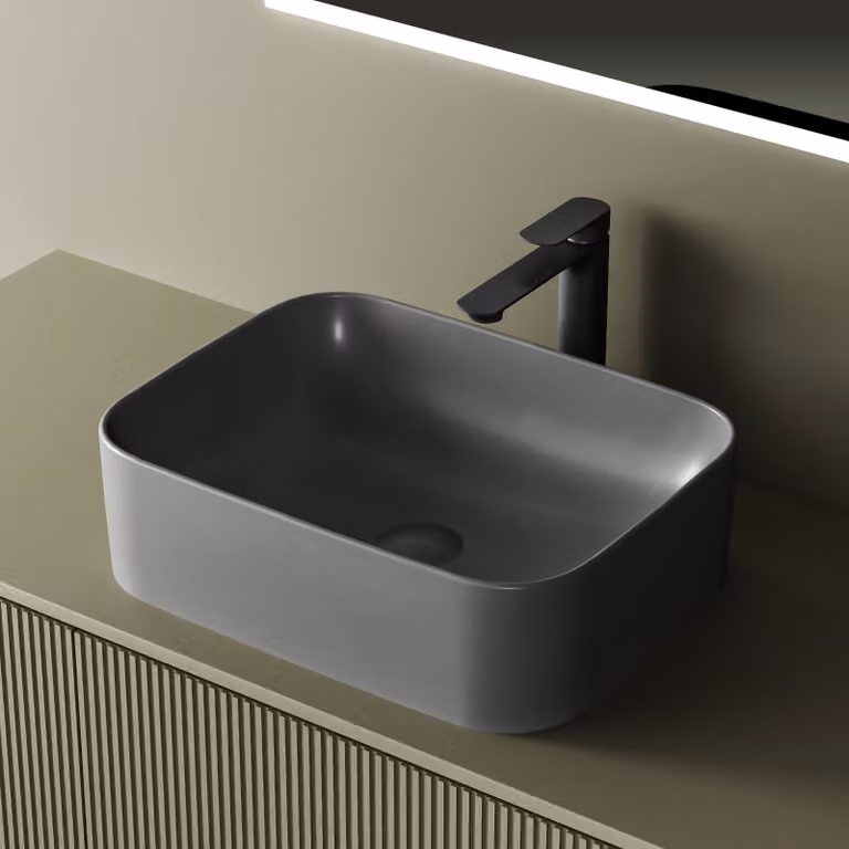 Lavabo da appoggio EMKE rettangolare 505 x 380 x 150 mm Grigio scuro opaco Lavabo in ceramica Senza foro per rubinetteria – Ideale per rubinetteria a parete e rubinetteria ad alzata
