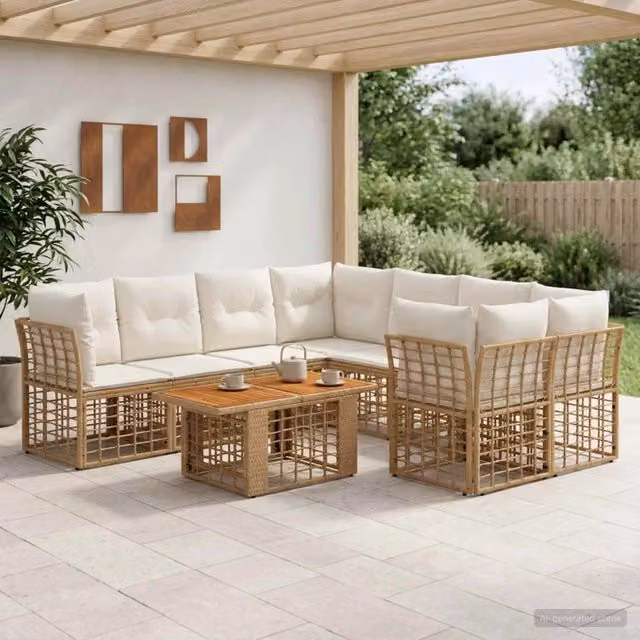 Set Divano da Giardino 9 pz Naturale e Bianco Crema polyrattan 3437840