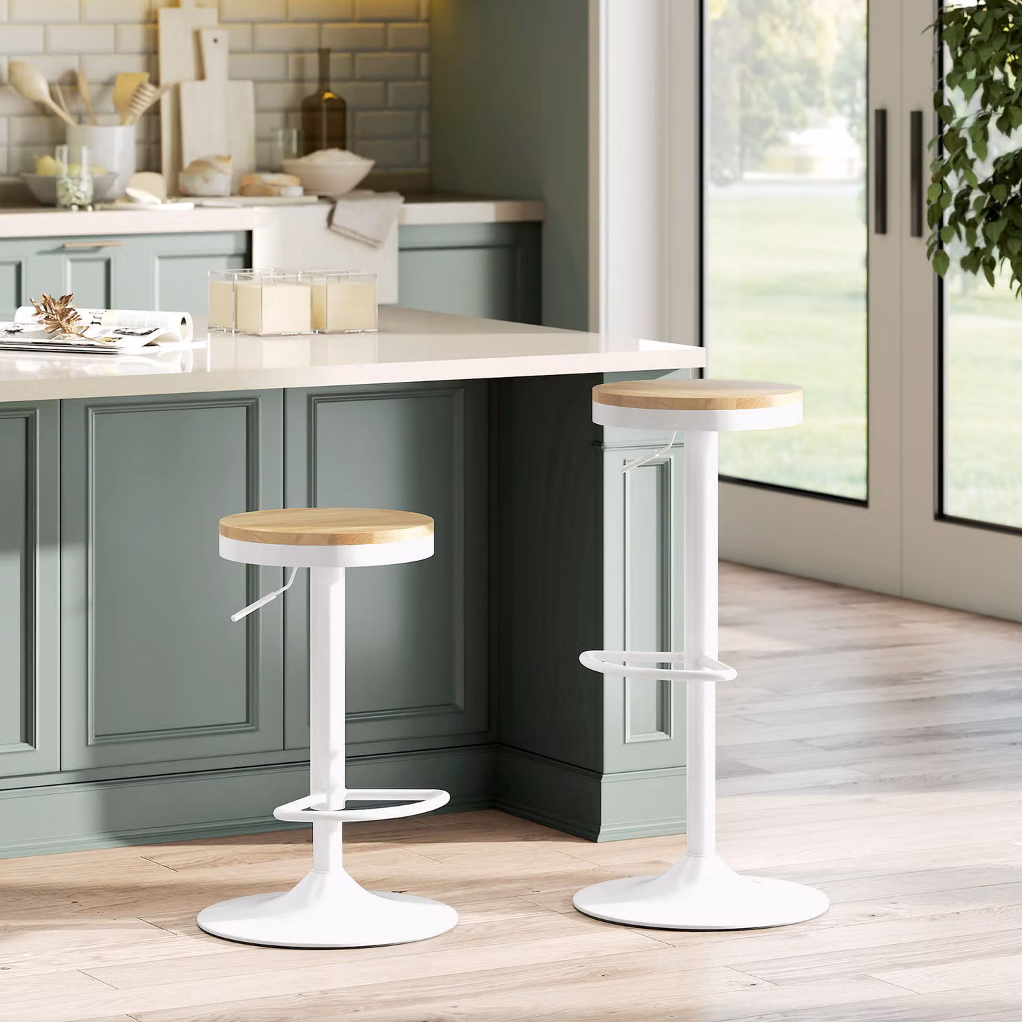 Set di 2 sgabelli da bar HOMCOM regolabili in altezza e girevoli a 360 gradi con struttura in acciaio e legno, colore bianco e legno naturale, L/P/H: 38,5 x 38,5 x 60-80 cm – 2