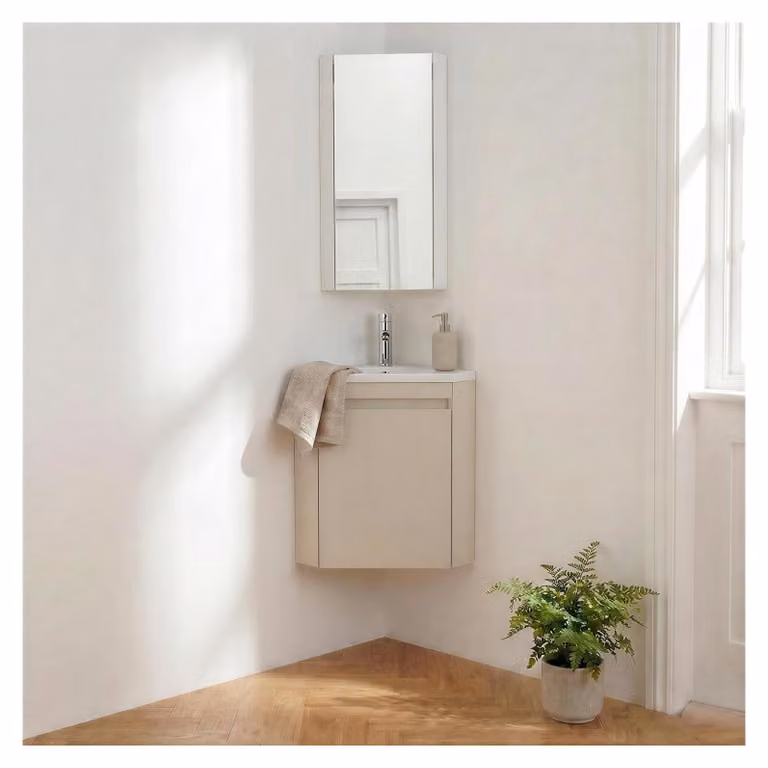Set lavamani d'angolo sospeso, lavabo, rubinetto e pensile LISA