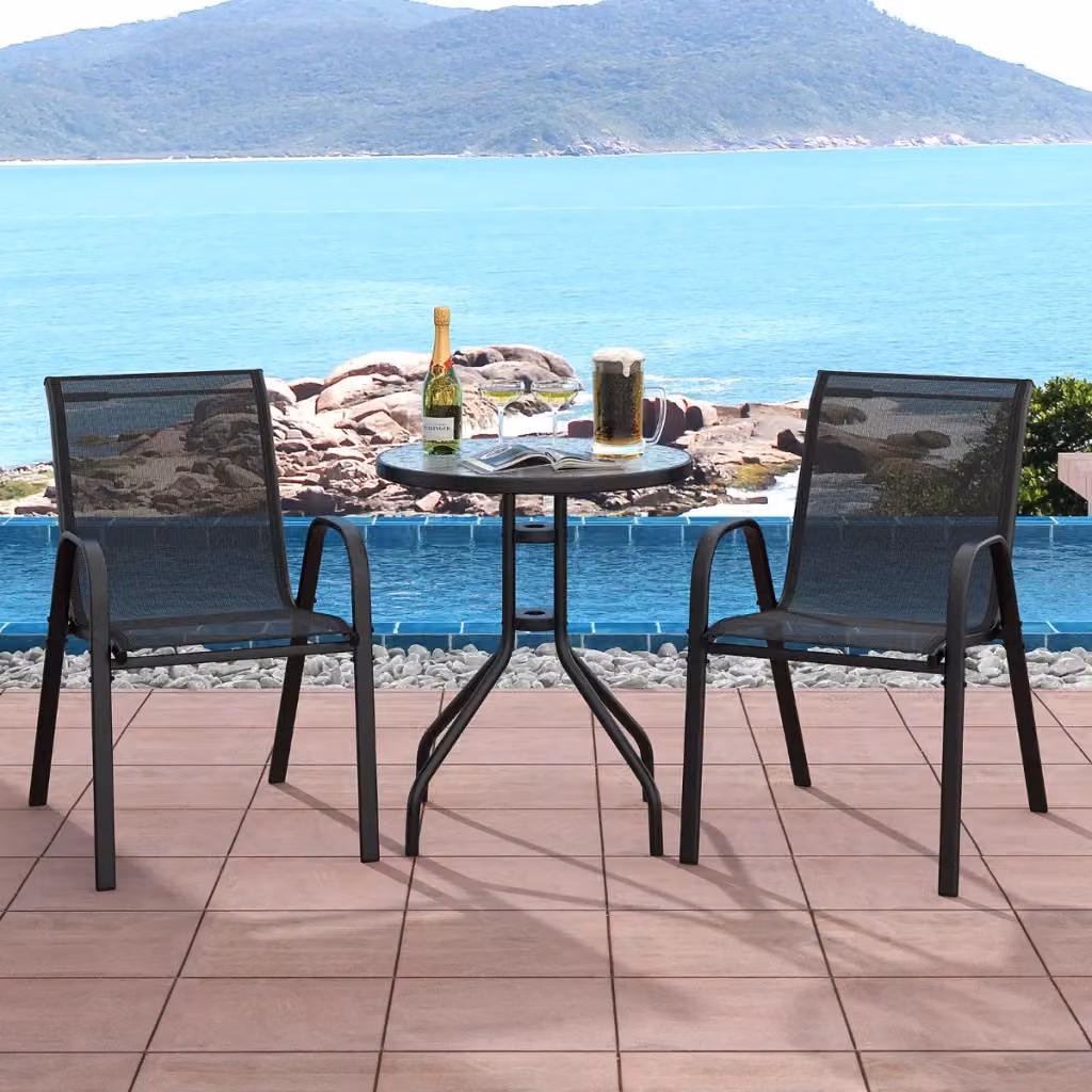 Set bistrot da esterno 3 pezzi composto da tavolino rotondo con piano in vetro temperato e 2 sedie impilabili in acciaio nero opaco – 2