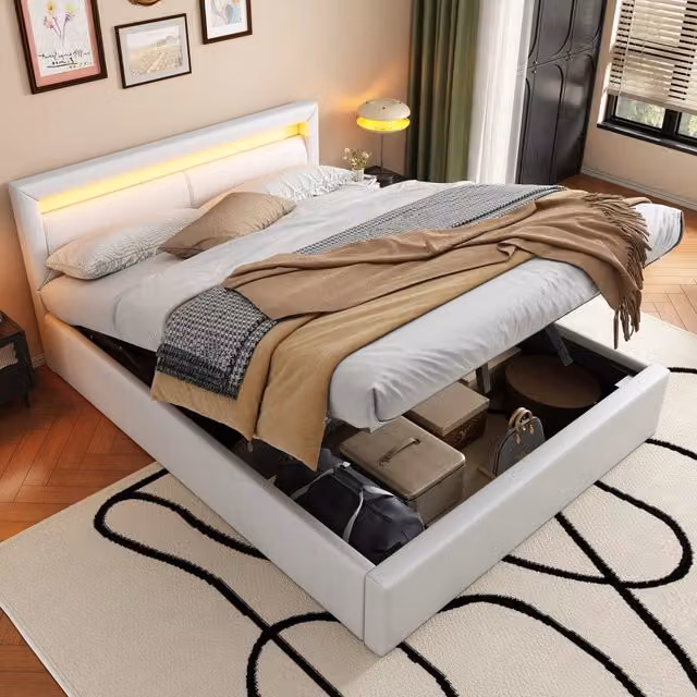 Letto imbottito 140 × 200 cm con rete a doghe vano contenitore LED in PU bianco testiera alta 80 cm