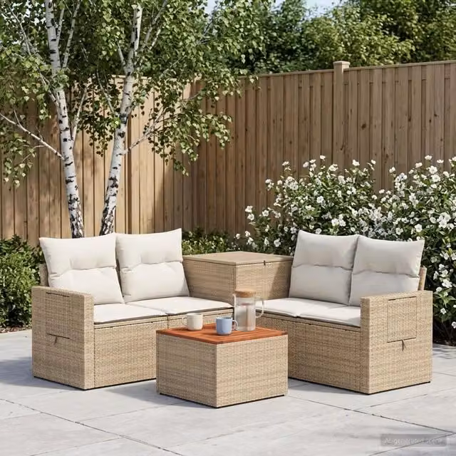 Set di mobili da giardino vidaXL in polyrattan composto da 2 divani a 2 posti, 1 tavolino da caffè e 3 sedute con cuscini in beige e bianco crema – 1