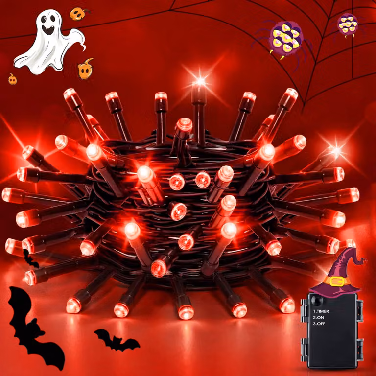 Catena luminosa a LED, 5 metri, 50 LED rossi, con timer, alimentazione a batteria, grado di protezione IP44