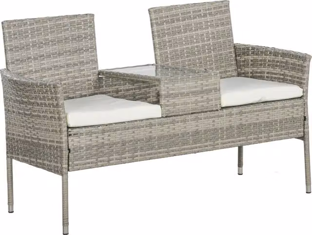 Panca da giardino Outsunny in resina intrecciata a 2 posti con tavolo e cuscini, ideale per balcone e terrazza, L: 135 cm, P: 64 cm, H: 81 cm