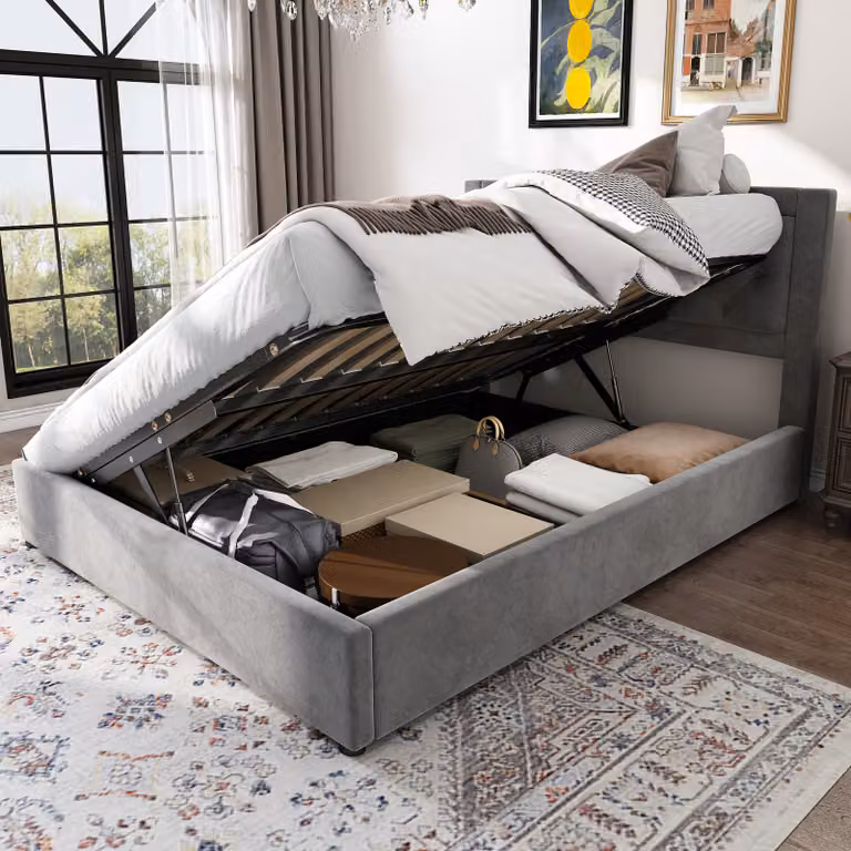 Letto imbottito Flieks 140x200cm con contenitore, letto a molle idrauliche con rete a doghe, letto matrimoniale giovanile, velluto, grigio