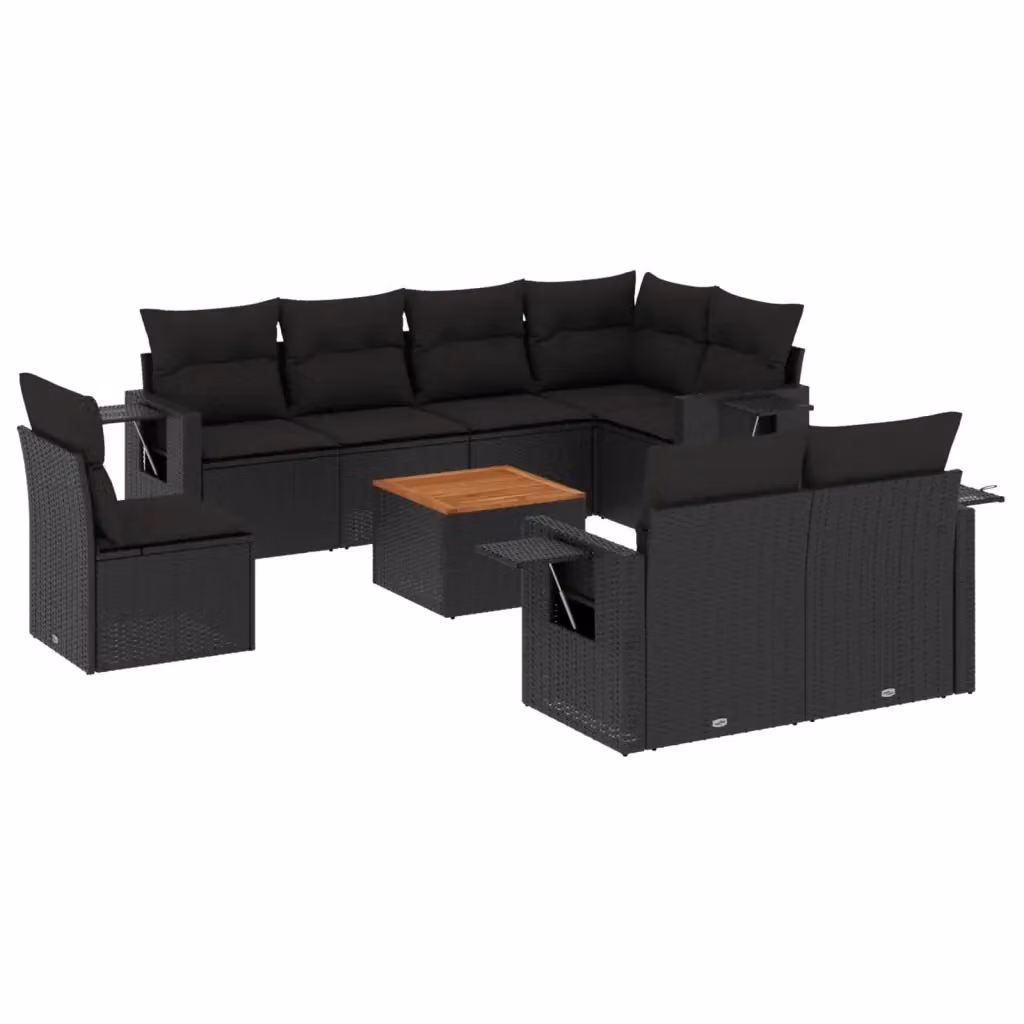 vidaXL Set Divani da Giardino 9 pz in Polyrattan Nero con Cuscini e Tavolino da Esterno – 2