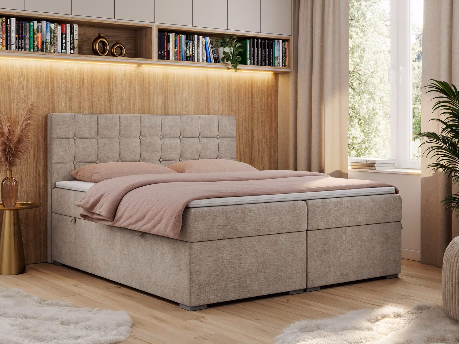 Letto boxspring, letto matrimoniale, letto imbottito con testiera, contenitore - CARMEN - 200x200 - Beige - Struttura - H4