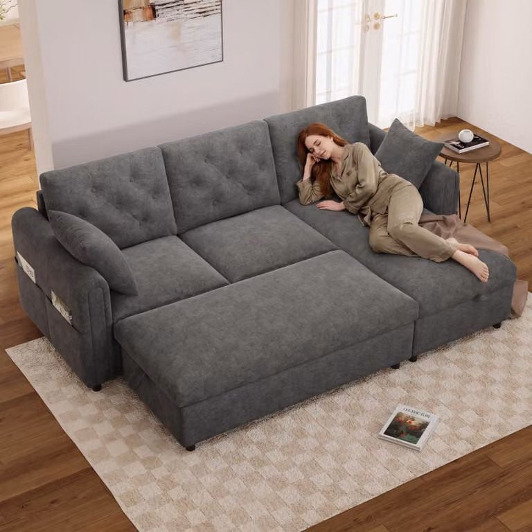 Divano ad angolo a 3 posti Merax con vano portaoggetti, divano con chaise longue e pouf, divano con tasche portaoggetti, pouf rimovibile, divano in velluto, grigio