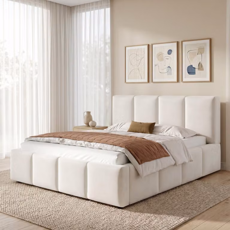 Letto matrimoniale MODFU 180 x 200 con materasso, letto imbottito con testiera da 11 cm con supporto per la schiena, letto per ragazzi con motivi a righe e linee morbide, ciniglia, beige