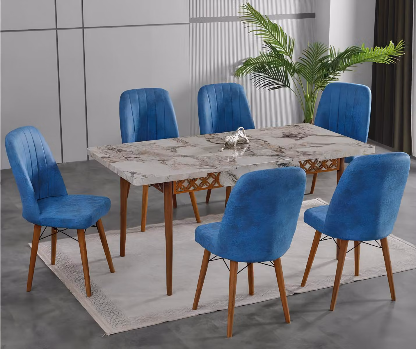 Tavoli da pranzo, set da pranzo, sedie, colore bianco e blu, forma rettangolare, materiali: legno e marmo