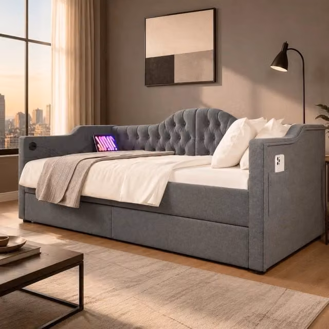Letto divano REDOM in tessuto grigio con 2 cassetti e porta USB Type-C, L/P/H: 190 x 90 x 86,5 cm – 1