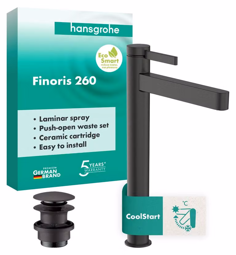 hansgrohe Finoris robinetterie de lavabo 260 CoolStart pour lavabos à poser, avec vidage Push-Open, 76072340, 76072340