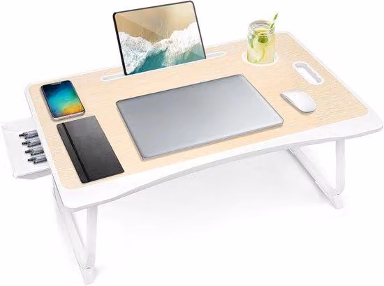 Tavolino pieghevole per laptop con poggiatesta - Tavolino da viaggio con piano ribaltabile - Legno di rovere bianco